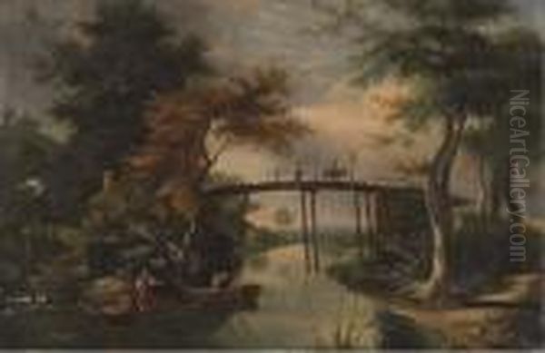 Paysage Anime A La Riviere Et Au Pont Oil Painting by Jean-Baptiste Pillement