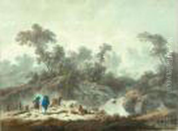 Bergers Pres D'une Cascade Oil Painting by Jean-Baptiste Pillement