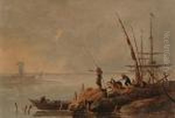 A Mediterranean Harbour At Sunset With Figures On The Shore Oil Painting by Jean-Baptiste Pillement