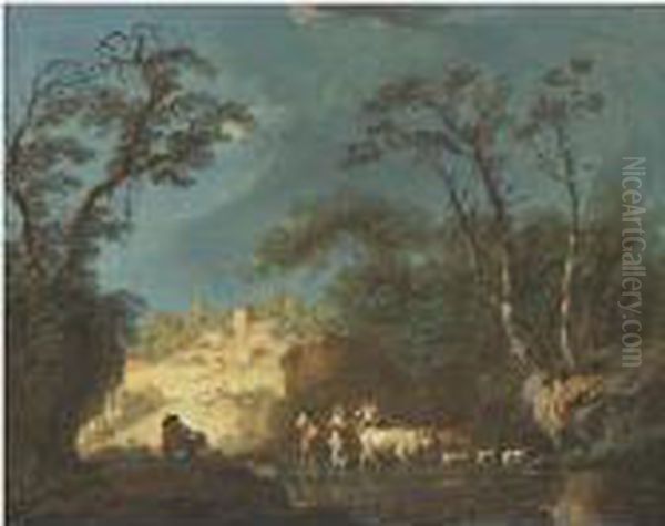 Peasants By A Stream Oil Painting by Jean-Baptiste Pillement