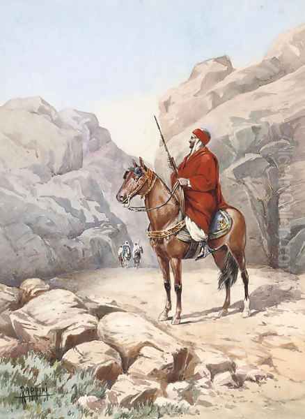 An Arab warrior on horseback in a desert gorge Oil Painting by Vittorio Rappini