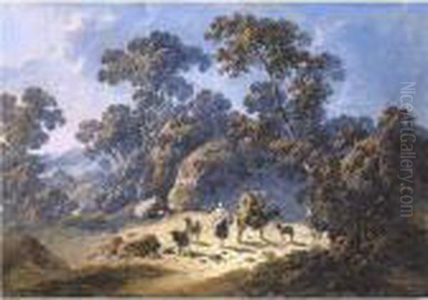 Travellers On A Path With Goats Oil Painting by Jean-Baptiste Pillement