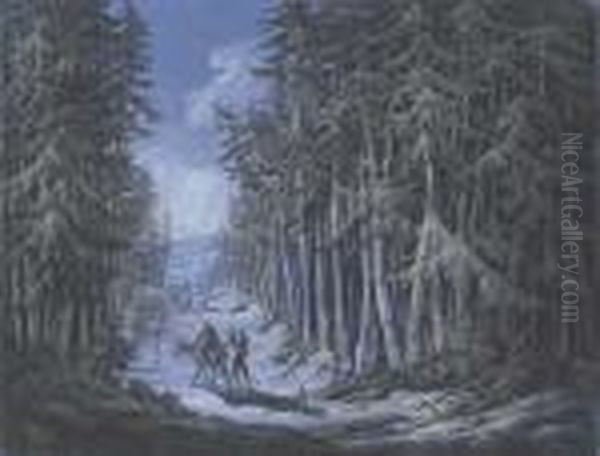 A Winter Scene With Travellers In A Wooded Landscape Oil Painting by Jean-Baptiste Pillement