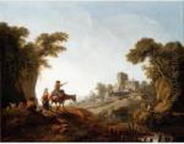 River Landscape With A Traveller On A Donkey And Shepherds Oil Painting by Jean-Baptiste Pillement