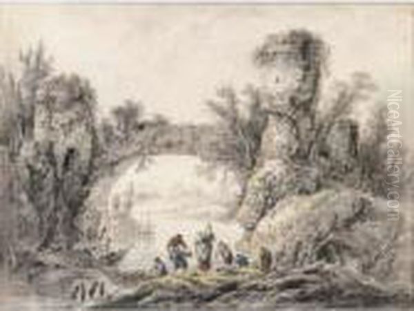 River Landscape With Peasants Loading Boats, An Overgrown Bridge Beyond Oil Painting by Jean-Baptiste Pillement