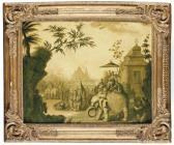 A Chinoiserie Procession Of Figures Riding On Elephants With Temples Beyond Oil Painting by Jean-Baptiste Pillement