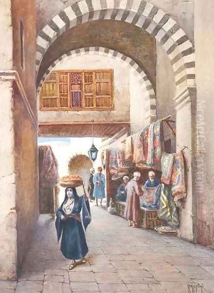 View of a street in a souk with a woman carrying a fruit basket on her head, a carpet stall behind Oil Painting by Vittorio Rappini