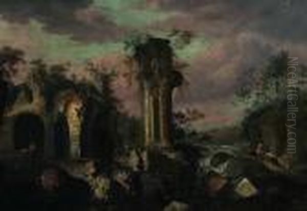 Capriccio Con Rovine E Viandanti Oil Painting by Jean-Baptiste Pillement