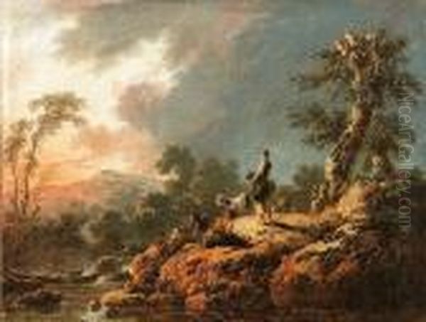 A Rocky River Landscape With A Goatherd And A Peasant Girl On An Outcrop Oil Painting by Jean-Baptiste Pillement