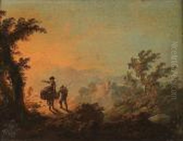 A View Of Sintra With Travellers On A Path In The Foreground Oil Painting by Jean-Baptiste Pillement