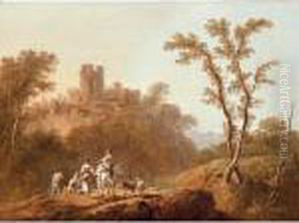 A Wooded, Hilly Landscape With 
Peasants, A Goat And Sheep On A Track Near A Ruined Castle Oil Painting by Jean-Baptiste Pillement