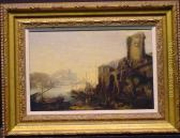 Figures And Shipping In A Ruined Harbor Oil Painting by Jean-Baptiste Pillement