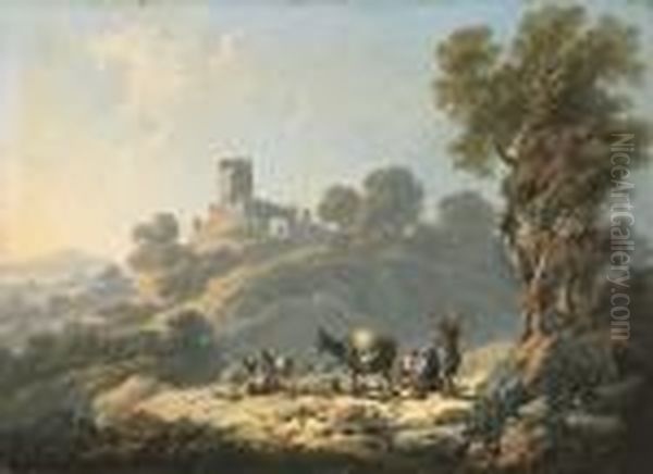 Paysage Rocheux Avec Des Bergers Se Reposant Sur Le Sommet D'une Colline Oil Painting by Jean-Baptiste Pillement