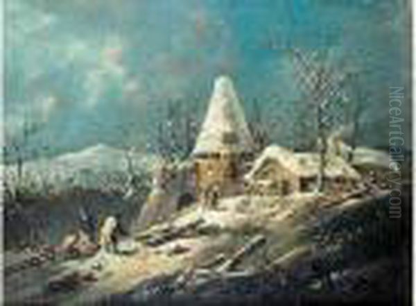 Paysage De Neige Avec Des Paysans Rapportant Du Bois Dans Leur Chaumiere Oil Painting by Jean-Baptiste Pillement