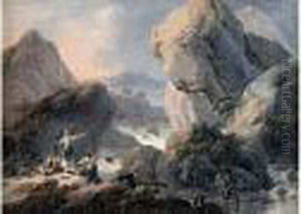 Paysans Pres D'une Cascade Oil Painting by Jean-Baptiste Pillement