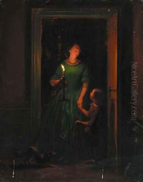 A Mother And Child At A Candlelit Doorway Oil Painting by Charles Guillaume Rosier