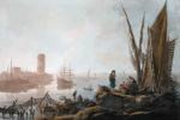 View Of The River Tagus With 
Fisherfolk On The Shore, Numerous Vessels And An Island With A Tower 
Beyond Oil Painting by Jean-Baptiste Pillement