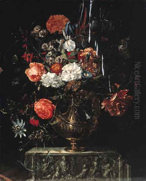 Roses, carnations, iris, morning glory and other flowers in a gilt bowl on a sculpted ledge Oil Painting by Coenraet Roepel