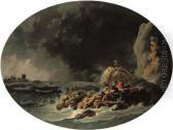 A Rocky Coast By The Mouth Of The Tagus, With Survivors From Ashipwreck Near A Tower Oil Painting by Jean-Baptiste Pillement