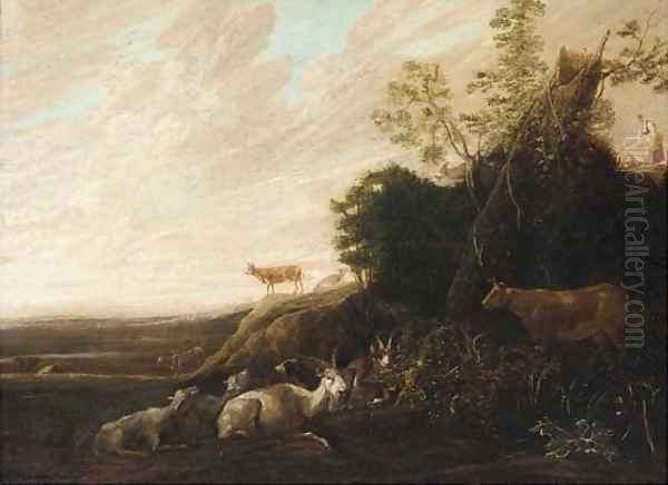 A landscape with cattle in the foreground Oil Painting by Francois Ryckhals