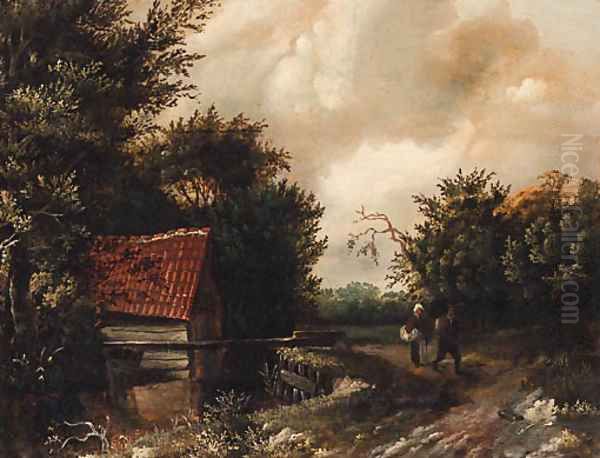 A peasant couple on a riverside path Oil Painting by Gillis Rombouts