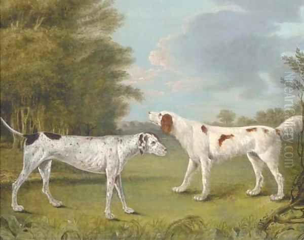 An English setter and a pointer in a landscape Oil Painting by I. Rothwell