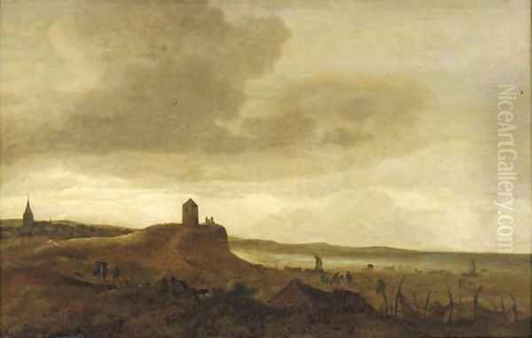 A coastal inlet with travellers on a track and other figures in the foreground Oil Painting by Isaack Van Ruysdael