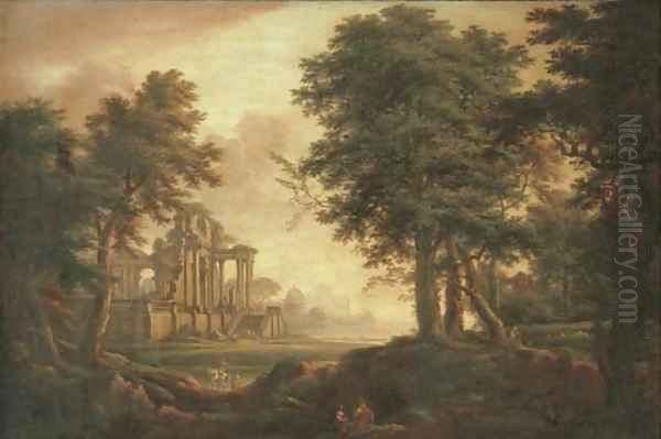 A wooded landscape with figures, classical ruins and harbour in the distance Oil Painting by John Inigo Richards