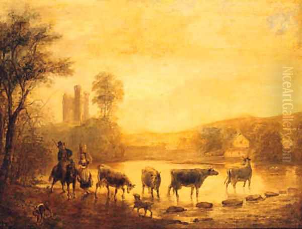 A Herdsman With Cattle Watering In A River, A Castle Beyond Oil Painting by John Inigo Richards