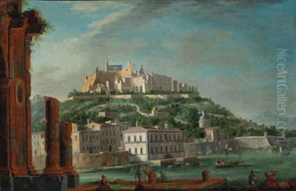 A view of a Sicilian harbour, with a citadel flying the flag of the two Sicilies Oil Painting by Juan Ruiz