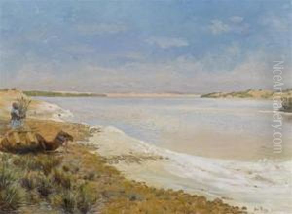 At The Wadi Natron Salt Lake Oil Painting by Otto Pilny