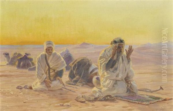 Evening Prayers In The Desert Oil Painting by Otto Pilny