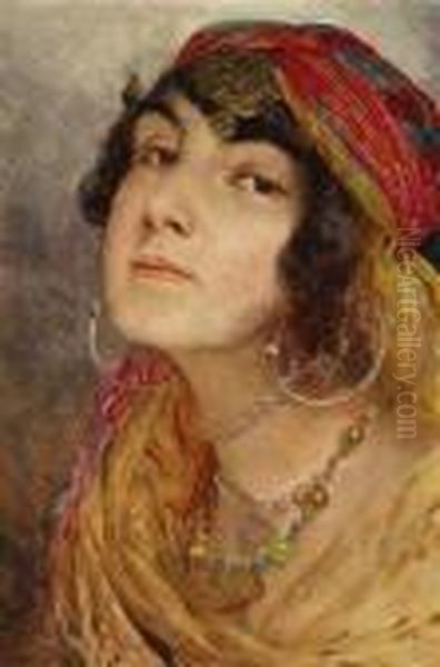 Portrait Of An Oriental Woman Oil Painting by Otto Pilny