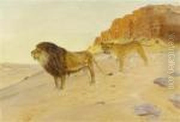 Pair Of Lions In The Desert Before Red Rocks. Oil Painting by Otto Pilny