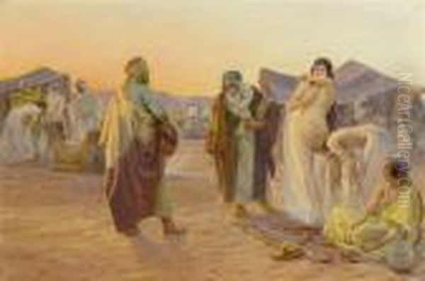 Slave Market In The Desert. Oil Painting by Otto Pilny