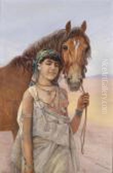 Girl With Horse Oil Painting by Otto Pilny