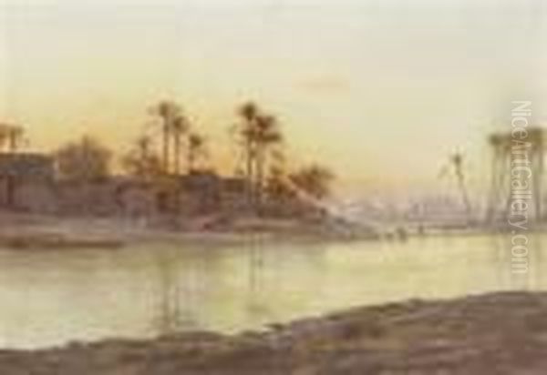 View Of The Nile At Sunset Oil Painting by Otto Pilny