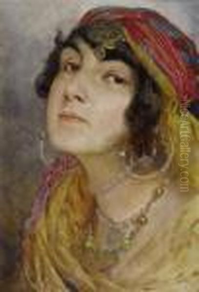 Portrait Of An Oriental Woman Oil Painting by Otto Pilny