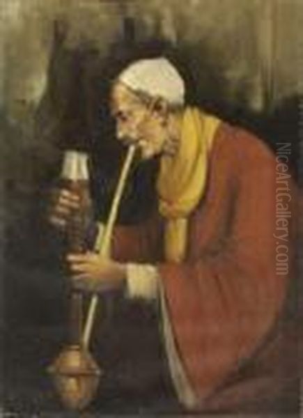 Bedouin Fumant La Pipe A Eau Oil Painting by Otto Pilny