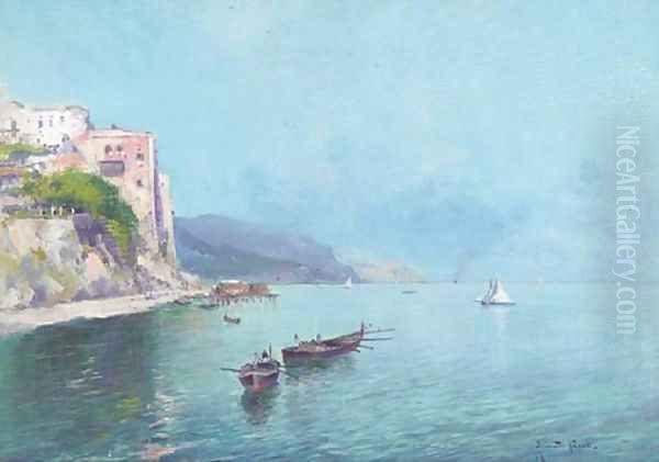 Fishing vessels in a Neapolitan bay Oil Painting by Oscar Ricciardi