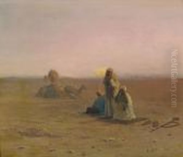 Araber Mit Kamelen Beim Morgengebet In Der Wuste Oil Painting by Otto Pilny