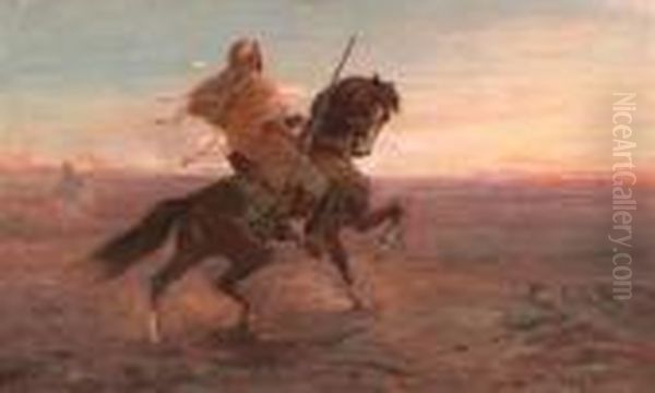 Arab Rider In Steppe Landscape Oil Painting by Otto Pilny