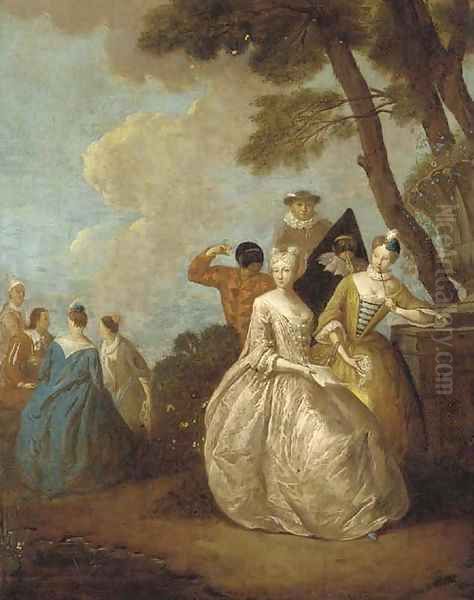 A fete champetre with ladies seated by a tree and figures from the commedia dell'arte Oil Painting by Petrus Johannes Van Reyschoot