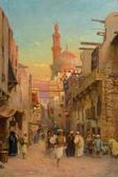 Street Scene In Cairo. 1903. Oil Painting by Otto Pilny