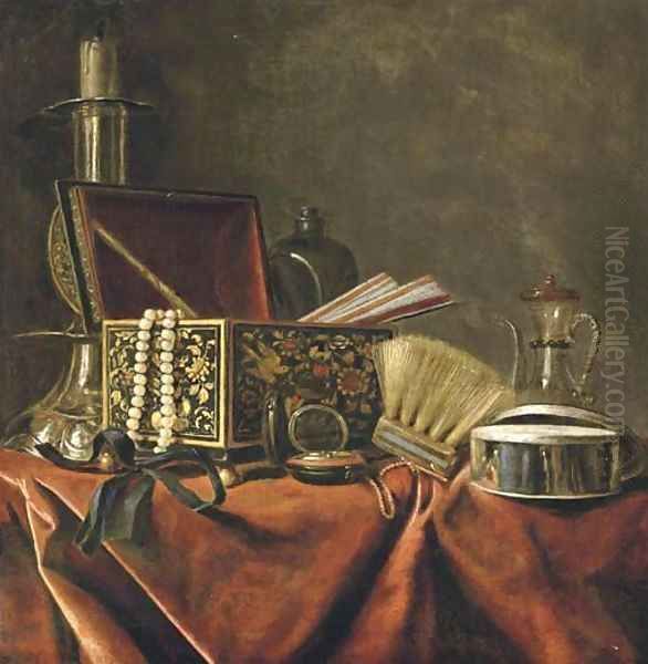 A silver candlestick, an emamelled jewellery box with a pearl necklace and a pair of fans Oil Painting by Pieter Gerritsz. van Roestraeten