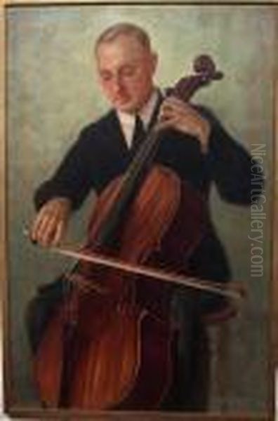 Description:de Cellospeler Oil Painting by Otto Pilny