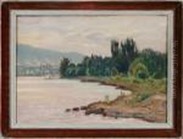 Uferlandschaft Mit Blick Auf Eine Stadt Links Im Hintergrund Oil Painting by Otto Pilny