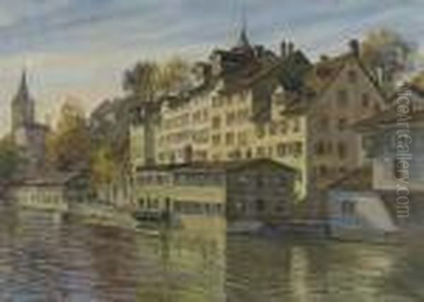 Die Limmat Mit Der St. Peter Kirche In Zurich. Oil Painting by Otto Pilny