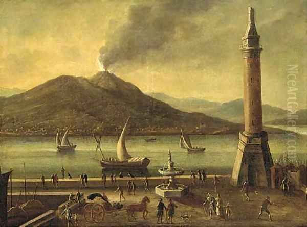 A view of Vesuvius, from the Molo, Naples Oil Painting by Tomasso Ruiz