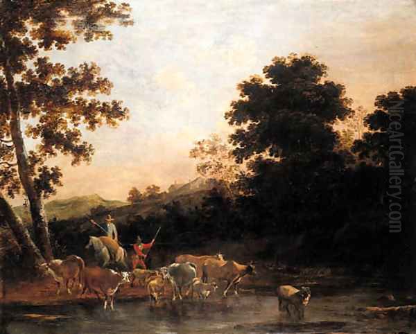 Cowherds watering cattle in an Italianate landscape Oil Painting by Willem Romeyn